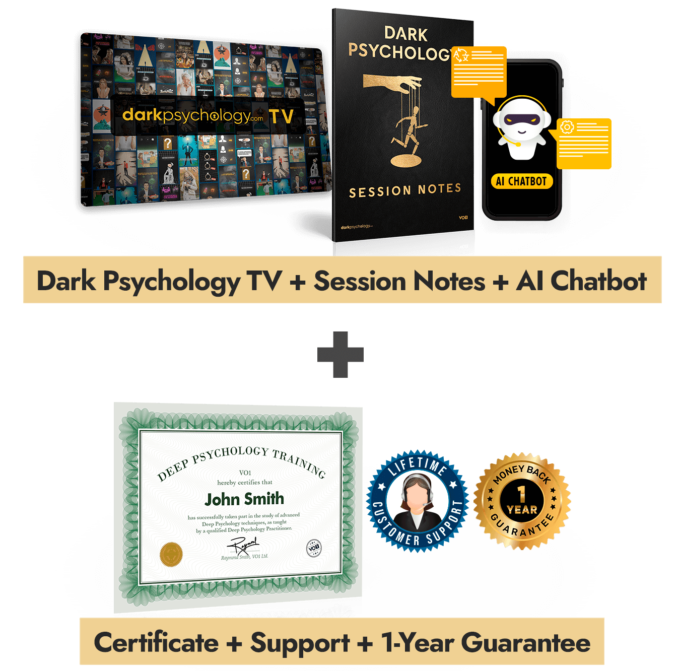 Dark Pscyhology  TV, Session Notes, AI Chatbot, Deep Psychology Training Certificate, Lifetime Support and One Year Money Back Guarantee Bundle bundle image